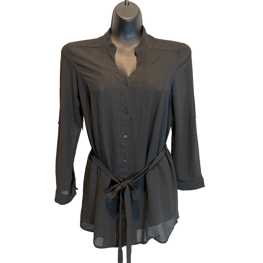 Sugarmint Sheer Black Belted Blouse - Size Small